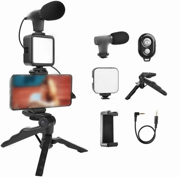 Video Vlogging Kit with Microphone LED Light And Mini Tripod